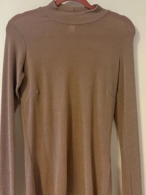 Glittrig brun långärmad topp NLY Trend - Säljer en brun/guldig långärmad topp från NLY Trend med diskret glittrigt tyg och hög hals. Materialet är stretchigt och följsamt, perfekt för att lyfta en outfit med lite extra shine. Enkel och stilren design utan tryck eller mönster.