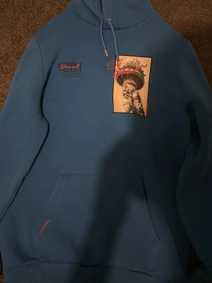 Blå hoodie Supply & Demand NYC print - Snygg blå hoodie från Supply & Demand med tryck av Frihetsgudinnan och NYC-detaljer på bröstet. Hoodien har huva med dragsko och en stor magficka. Perfekt för dig som gillar streetwear och unika prints. SKRIV BARA OM NI KAN SES I STOCKHOLM.