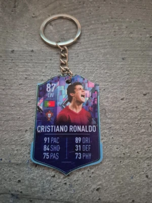Nyckelring med fotbollsmotiv - Cool nyckelring med motiv inspirerat av fotbollsspelaren Cristiano Ronaldo, designad som ett spelkort med färgglad bakgrund och statistik. Nyckelringen har en metallkedja och är tillverkad i plast och metall.