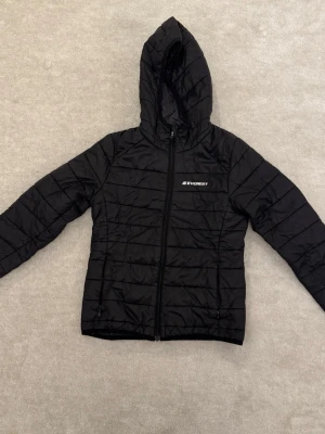 Svart pufferjacka från Everest - Snygg svart pufferjacka från Everest med huva och dragkedja framtill. Jackan har ett quiltat mönster och logga på bröstet. Perfekt för kalla dagar och enkel att matcha med olika outfits. Materialet är lätt och isolerande.