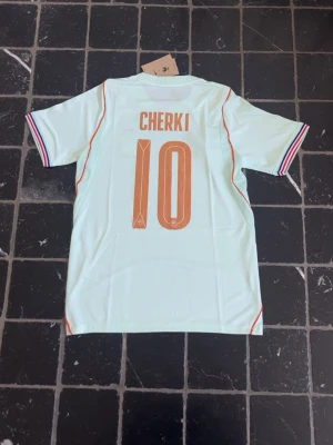 Frankrike fotbollströja Nike Cherki - Ljusblå fotbollströja från Nike med Frankrikes landslagsemblem och nummer 10 på bröstet. Namnet Cherki och nummer 10 på ryggen. Korta ärmar med trikolorfärgade muddar och orange detaljer. Perfekt för fotbollsfans!