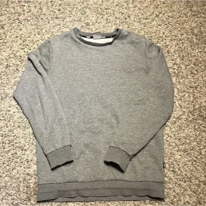 Grå basic sweatshirt - Grå sweatshirt från Puma i klassisk modell. Tröjan har rund halsringning, ribbade muddar vid ärmslut och nederkant samt lång ärm. Riktigt skön och chill tröja men ett litet märkte på ärmen som inte syns vid användning.