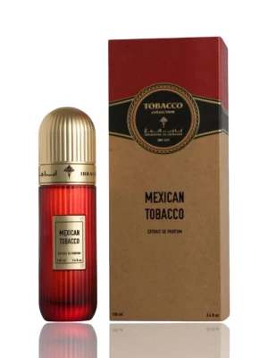 Mexican Tobacco Ibraq - Mexican Tobacco Extrait de Parfum från Ibrahim Al Quraishi kommer i en elegant röd glasflaska med guldfärgat lock och detaljer. Doften presenteras i en stilren brun och röd kartong med svarta och guldiga inslag. Flaskan rymmer 100 ml och har en lyxig, modern design.