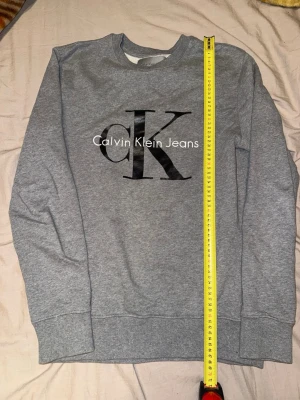 Grå sweatshirt från Calvin Klein  - Snygg grå sweatshirt från Calvin Klein Jeans med stort svart CK-logotyp och vit text på bröstet. Tröjan har rund halsringning, långa ärmar och ribbade muddar vid ärmslut och nederkant. Perfekt till ett avslappnat streetwear-look.