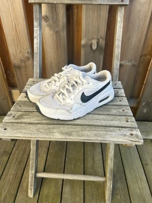 Vita Nike sneakers med svart swoosh - Säljer ett par vita Nike sneakers med svart swoosh på sidan. Skorna har en chunky sula, meshpaneler för extra ventilation och klassisk snörning. Perfekta för dig som gillar sportig och clean stil. Passar till det mesta och är riktigt bekväma.