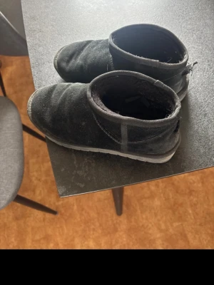 Svarta mjuka tofflor i mocka - Ett par svarta tofflor i mjukt mockaliknande material med låg ankelhöjd och rundad tå. Insidan ser fluffig ut för extra komfort och sulan är ljus och platt. Perfekta för att hålla fötterna varma hemma.