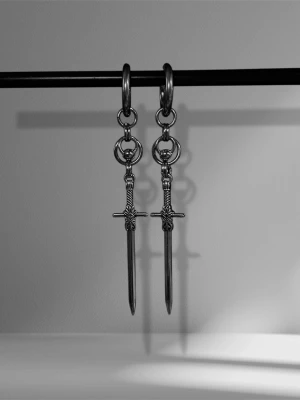 Handmade sword earrings in stainless steel  - 🕷️Handmade earrings by me ⛓️Material: Stainless Steel 🖤Length 6cm  🖤Jewerly care:  – Avoid longer contact with water – Avoid excessive perfume, lotions, and chemicals – Do not sleep or exercise while wearing  Proper care helps maintain appearance and longevity ✨  Feel free to check out my other pieces- bundle discounts available💸  The price list is set based on material costs, my working hours and based on unique designs and other costs.