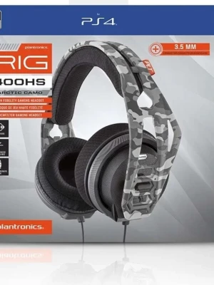 Plantronics RIG 400HS Arctic Camo headset - Gamingheadset för PS4 med cool arctic camo-design i grått och vitt. Over-ear-modell med mjuka öronkuddar och justerbar huvudbygel. Utrustad med 3,5 mm kabel och mikrofon. Perfekt för långa spelsessioner och tydlig kommunikation.