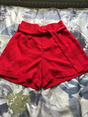 Röda högmidjade shorts med knyt - Snygga röda shorts med hög midja och ett matchande knytband i midjan. Shortsen har en lös passform och är tillverkade i ett mjukt tyg som känns bekvämt. Perfekta för varma dagar och ger en trendig look.