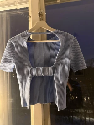 Ljusblå ribbad croppad topp - Trendig ljusblå croppad topp med ribbad struktur och korta ärmar. Toppen har en unik öppen rygg med snygg detalj framtill.