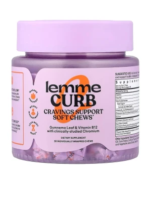 Lemme Curb Cravings Support Soft Chews - Oöppnad Burk som innehåller 30 individuellt inslagna mjuka tuggtabletter. Märket är Lemme och produkten är Cravings Support Soft Chews med Gymnema Leaf, Vitamin B12 och krom. Kosttillskottet är avsett att stödja hantering av sötsug. 