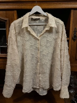 Beige skjorta med spetsdetaljer ZARA - Säljer en beige skjorta med transparent tyg och unika spetsdetaljer över hela plagget. Skjortan har klassisk krage, knäppning framtill och långa ärmar. Perfekt för dig som gillar en romantisk och trendig stil.