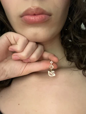 Swarvoski Necklace Originalpricr $160 - Säljer ett elegant guldhalsband med ett hänge i form av en svan dekorerad med gnistrande stenar. Kedjan är tunn och smidig, och hänget har även små detaljer i form av hjärtan och pärlliknande stenar. Perfekt för dig som gillar unika smycken med lite extra bling.
