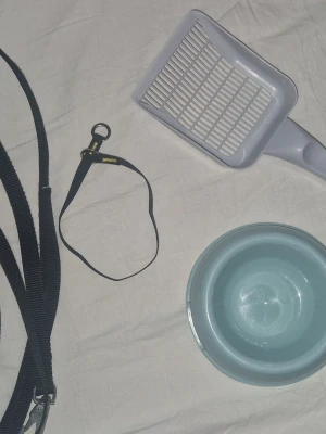Kattillbehör kit - Säljer ett kit med kattillbehör som innehåller en ljusgrå kattspade i plast, en ljusblå matskål i plast, ett svart koppel och en svart halsrem med metallspänne. Perfekt för dej som har katt och vill ha allt samlat.