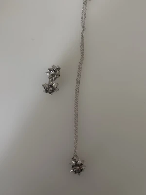 Silvrigt smyckeset med rosetter - Säljer ett set med halsband och örhängen i silverfärgad metall. Både halsbandet och örhängena har  rosettformade hängen. Perfekt för dig som gillar unika accessoarer.