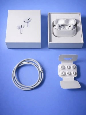 Apple AirPods Pro 2 trådlösa hörlurar - Säljer ett par vita Apple AirPods Pro med laddningsetui, extra silikonpluggar och USB-C laddkabel. Hörlurarna har en stilren och kompakt design i plast och silikon, perfekt för dig som vill ha grymt ljud och smidig anslutning till din iPhone eller andra Apple-enheter.