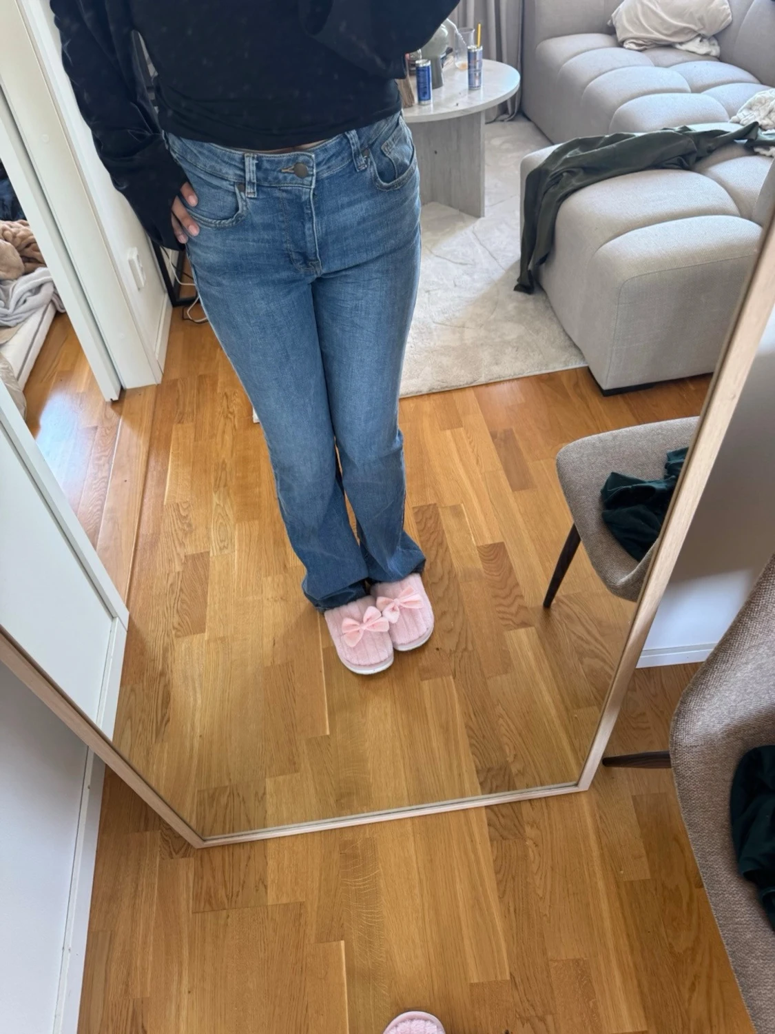 Blå raka jeans med medel midja - 1