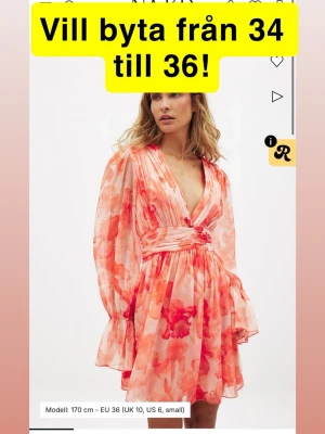 Kort blommig omlottklänning i rosa - Undrar om någon har denna klänning i storlek 36 och vill byta till min i 34
