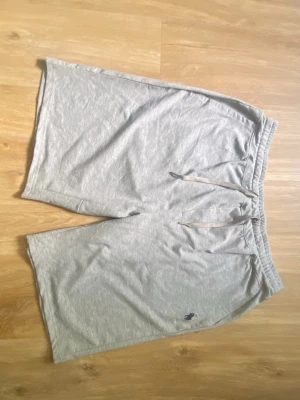 Grå mjukisshorts från Polo Ralph Lauren - Säljer ett par ljusgrå mjukisshorts från Polo Ralph Lauren med snörning i midjan och en liten broderad logga på benet. Shortsen har elastisk midja och en bakficka. Perfekta för chill dagar eller träning.