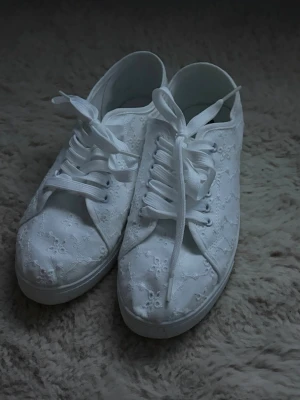 Vita spetsiga sneakers med blommönster - Säljer ett par vita sneakers med snyggt blommönstrat spetsmaterial och klassisk låg profil. Skorna har vita snören och sula, vilket ger en clean och fräsch look. Perfekta för dig som vill ha något unikt och stilrent till vardagsoutfiten. STORLEK 39!!