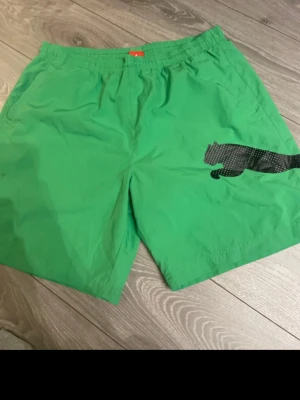 Gröna shorts från Puma - Säljer ett par gröna shorts från Puma med elastisk midja och sidofickor. På ena benet finns en stor svart Puma-logga tryckt. Perfekta för sommaren och sportiga outfits.