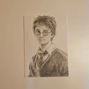 Blyertsteckning på Harry Potter - Blyertsteckning på Harry Potter som jag själv har gjort. Lägger ut för att se ifall det är något intesse på om man kan lägga ut sånt här och folk vill köpa. Bilden är på ett A5 papper. Priset är satt "billigt" då man egentligen borde räkna på tiden den tog att göra och materialkostnader, men jag har valt att sänka en bra bit än vad man förtjänar. Paketerar bra för porto, redan testat förpakningarna.