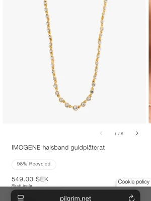  guldpläterat halsband Pilgrim - Snyggt guldpläterat halsband från Pilgrim, modell IMOGENE. Halsbandet har små runda pärlliknande detaljer med gnistrande stenar längs hela kedjan. Perfekt för att ge din outfit en elegant touch. Har bytt till silver så Komemr ej till användning 