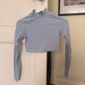 Ljusblå croppad polotopp H&M Divided - Säljer en ljusblå croppad polotopp från H&M Divided. Toppen har lång ärm och är tillverkad i mjuk bomull. Enkel och stilren design med hög hals, perfekt att matcha med jeans eller kjol.