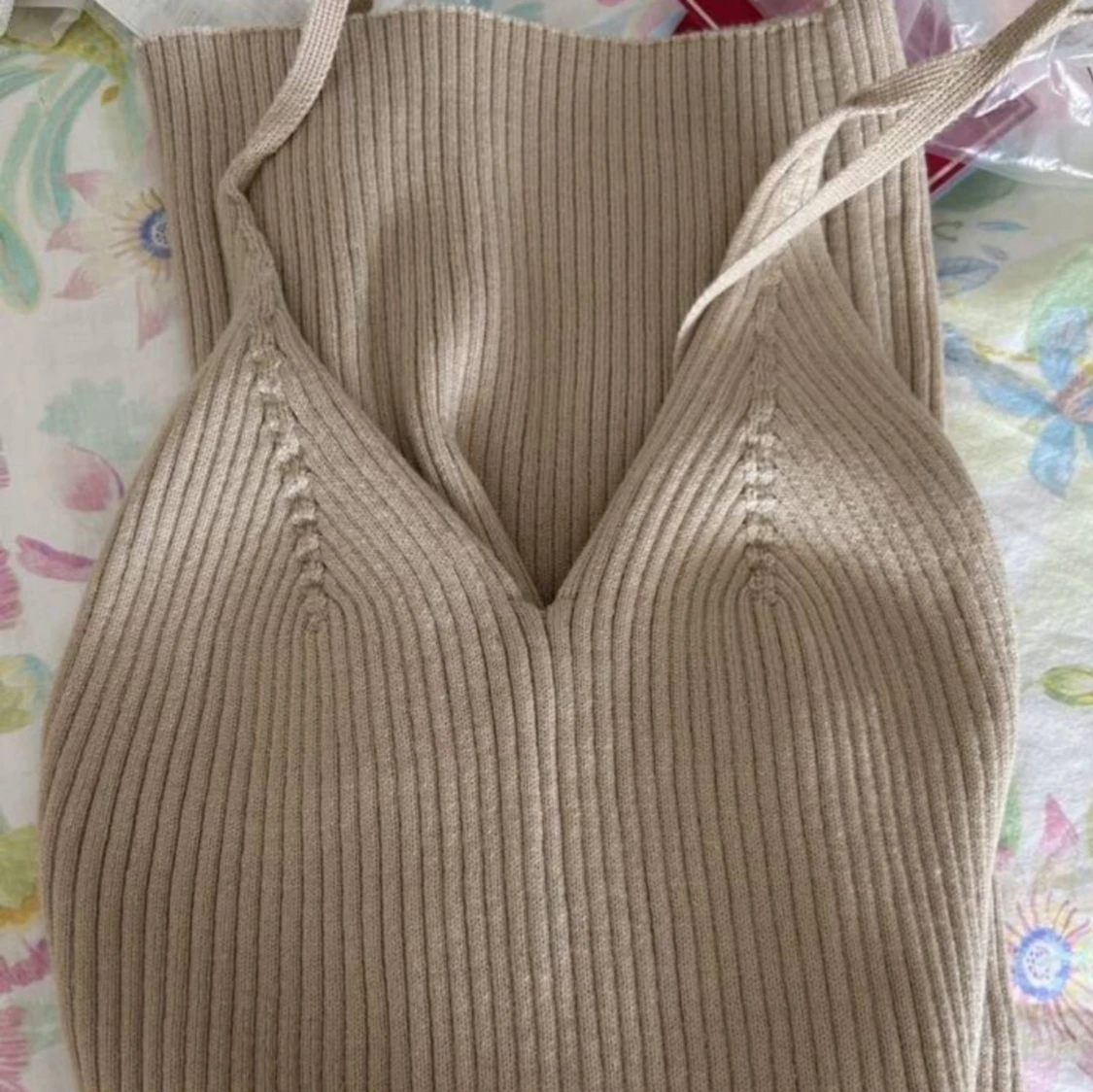 Beige ribbad långklänning - 2