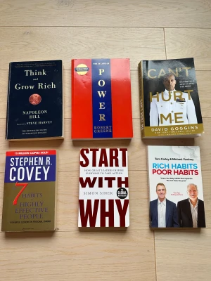 Bokpaket: Think and Grow Rich, The 48 Laws of Power, Can't Hurt Me, The 7 Habits of Highly Effective People, Start With Why, Rich Habits Poor Habits - Samling med populära böcker och titlar inom personlig utveckling , ledarskap , motivation och framgång.  - Think and Grow Rich av Napoleon Hill. - The 48 Laws of Power av Robert Greene. - Can't Hurt Me av David Goggins. - The 7 Habits of Highly Effective People av Stephen R. Covey - Start with Why av Simon Sinek. - Rich Habits Poor Habits av Tom Corley & Michael Yardney.  139kr styck eller alla för 600kr
