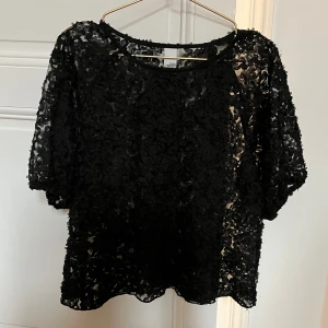 Svart blommig spetsblus - Säljer en svart blus med blommig spets och transparent look. Blusen har korta ballong ärmar och rund halsringning. 