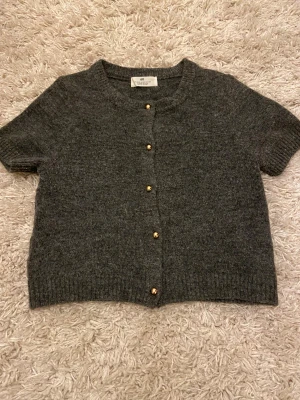 Mörkgrå stickad kofta från H&M - Kortärmad mörkgrå stickad kofta från H&M med snygga guldfärgade knappar framtill. Koftan har rund hals och ribbade muddar vid ärmslut och nederkant. Perfekt för lager-på-lager och chill stil.