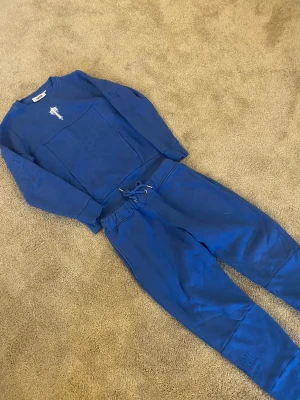 Blå tracksuit från Trapstar XS - Säljer ett par blå tracksuit från Trapstar i storlek XS. Byxorna har broderad logga på benet och snörning i midjan. Materialet är mjukt bomullstyg som är perfekt för chill dagar. Snyggt streetwear-plagg med relaxed passform och coola detaljer.
