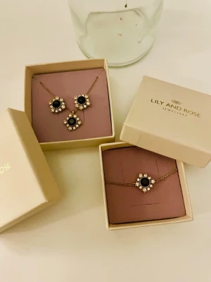 Komplett set Lily and Rose - Oanvända smycken från serien Emily jet black från Lily and rose. Guldpläterade hängen och dekoration med jet-svart sten i mitten. Mycket fina. Används ej då jag själv endast använder silver. Nypris: 1147:- 