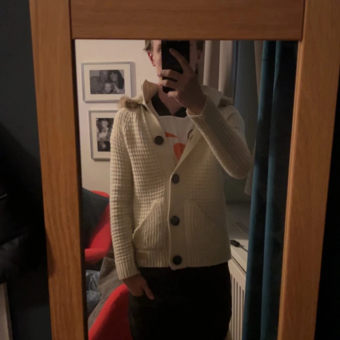 Stickad cardigan med päls luva - 3