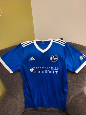 Adidas FV Freinsheim football jersey, storlek L - Blå fotbollströja från Adidas med vita detaljer. Tröjan har tryck av "WEINPARADIES freinsheim" på framsidan och "FV FREINSHEIM 15" på baksidan. Klubbmärket finns på bröstet.