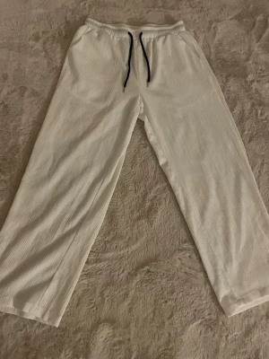Vita linnebyxor med snörning - Säljer ett par vita linnebyxor med svart snörning i midjan. Byxorna har rak passform och är tillverkade i ett mjukt, ribbat material som känns riktigt skönt mot huden. Perfekta för chill dagar eller när du vill ha det bekvämt.