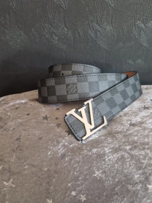 Louis Vuitton rutigt bälte i grått - Stilrent bälte från Louis Vuitton med klassiskt rutigt mönster i grå toner och ett stort LV-spänne i silver. Perfekt accessoar för att lyfta din outfit med en lyxig touch. Bältet har en modern och tidlös design.