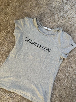 Grå Calvin Klein T-shirt - Snygg grå T-shirt från Calvin Klein Jeans med svart logga tryckt framtill och liten CK-detalj på ärmen. Perfekt till jeans eller shorts för en clean och enkel look. Hör av dig vid frågor! 