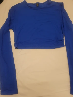 Blå croppad långärmad topp från SHEIN - Säljer en klarblå croppad topp från SHEIN i storlek M. Toppen har lång ärm och är tillverkad i mjukt syntetmaterial. Enkel och stilren design med rund halsringning, perfekt att matcha med höga jeans eller kjol.