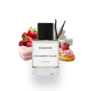 ESSNCE Strawberry Eclair parfym - Oanvänd parfym  med fluffig, söt jordgubbsfrosting, röda bär och vanilj på en nybakad eclair. Doften har toppnoter av jordgubbsfrosting och bär, hjärtnoter av gardenia, fresia, jordgubbe, macarons och marshmallow samt basnoter av mysk, cederträ och vanilj. 50 ml flaska med svart lock.