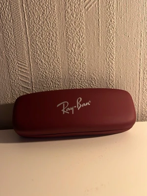 Ingen väst på bilderna - Bilderna visar ett par Ray-Ban solglasögon med svart båge och silvriga detaljer, samt ett rött Ray-Ban fodral. Ingen väst syns på bilderna.
