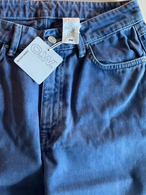 Blå wide jeans från C.W. strl 38 - Snygga blå jeans från C.W. med breda ben och klassisk femficksdesign. Byxorna har hög midja, raka sömmar och ett brunt läderpatch med logga bak. Materialet är mjuk bomull med jeanskänsla. Perfekt för dig som gillar en relaxed och trendig look.