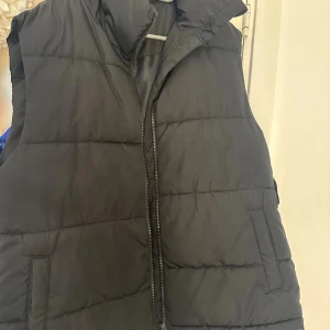 Svart dunväst från BikBok XS - Svart quiltad dunväst från BikBok i storlek XS. Västen har hög krage, dragkedja framtill och praktiska fickor med tryckknapp. Perfekt att slänga över en hoodie för en chill look. Den är dock trasig på baksidan och saknar bälte.