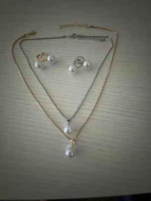 Guldkedja med stor pärlberlock - Pärlhalsband och örhängen sett - rostfria 