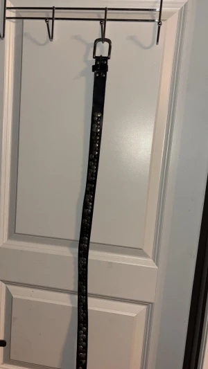 Svart nitarbälte i skinn - Snyggt svart bälte i skinn med rader av runda nitar i både silver och guld längs hela bältet. Perfekt accessoar för att ge outfiten en edgy vibe. Klassisk metallspänne och stilren design som sticker ut.