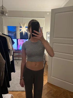 Grå croppad topp från SHEIN - Grå croppad topp från SHEIN med rund halsringning och korta ärmar. T-shirten är tight i modellen och har en enkel, stilren look som passar perfekt till jeans eller mjukisbyxor. Mjuk och stretchig i bomullsblandning.