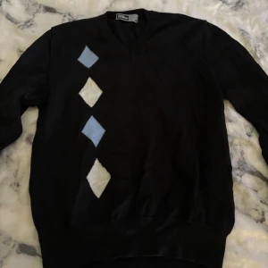 Svart v-ringad tröja Oscar Jacobson - Svart v-ringad tröja från Oscar Jacobson med lång ärm och coolt rutmönster i vitt och ljusblått längs ena sidan. Tröjan är stickad och har ribbade muddar vid ärmslut och nederkant. Perfekt för dig som gillar klassisk stil med en twist.