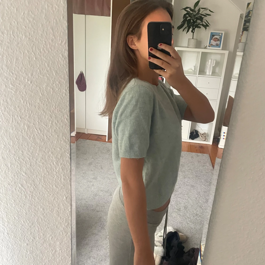 Mintgrön stickad kortärmad tröja - 2