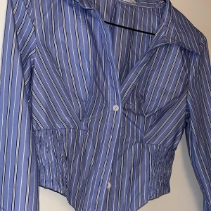 Randig blå skjorta med smockad midja - Snygg blå skjorta med vita och svarta ränder, markerad smockad midja och klassisk krage. Skjortan har lång ärm med manschett och knappar framtill. Modellen är figurnära och har en cool, lite edgy form nertill.